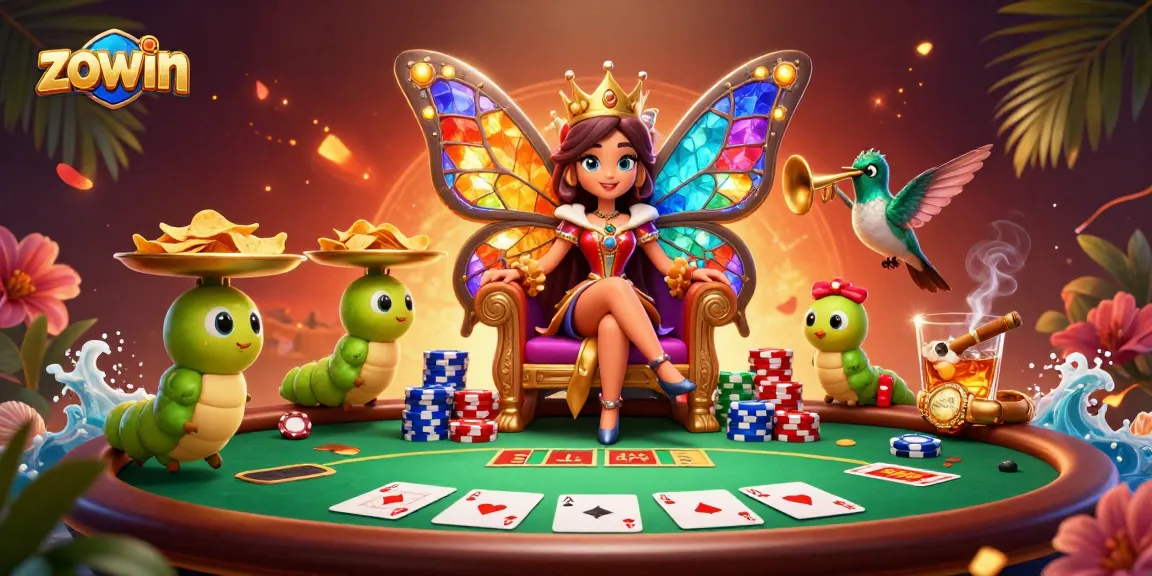 Zowin casino scene featuring a cartoon butterfly queen, poker chips, and vibrant game elements.