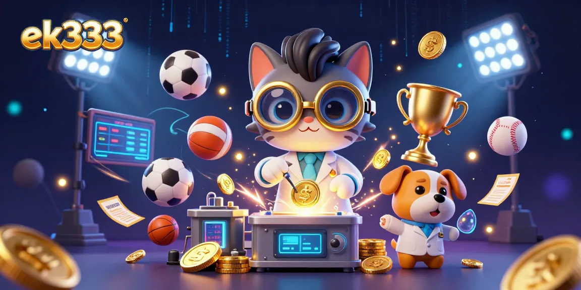 ek333 delivers exciting sports betting action in a vibrant casino illustration with dynamic characters.