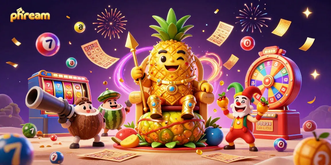 phdream's vibrant casino illustration featuring the pineapple king and festive game elements.
