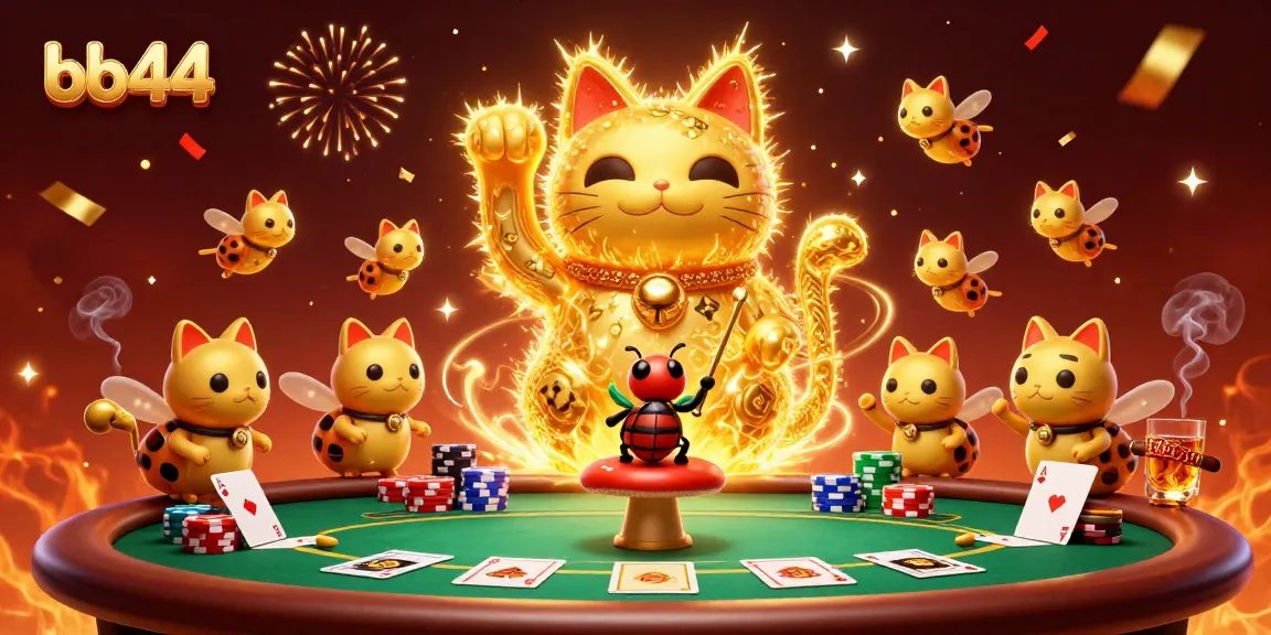 Engage with bb44 in a vibrant casino scene featuring a lucky cat and poker elements.