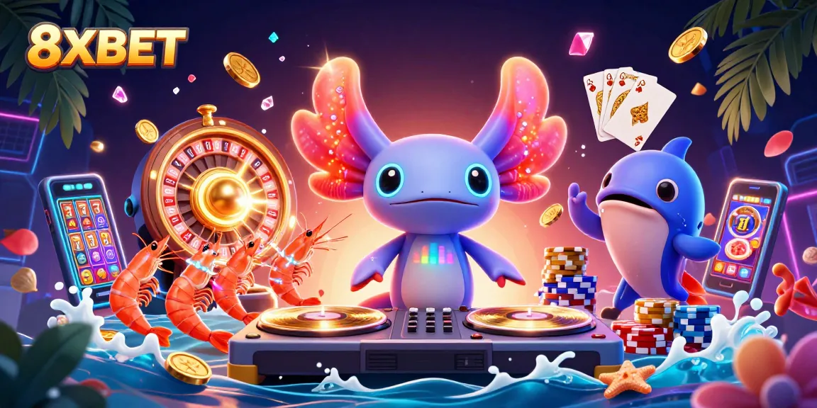 Experience the vibrant atmosphere of 8XBET with dynamic characters and casino elements in a lively underwater scene.