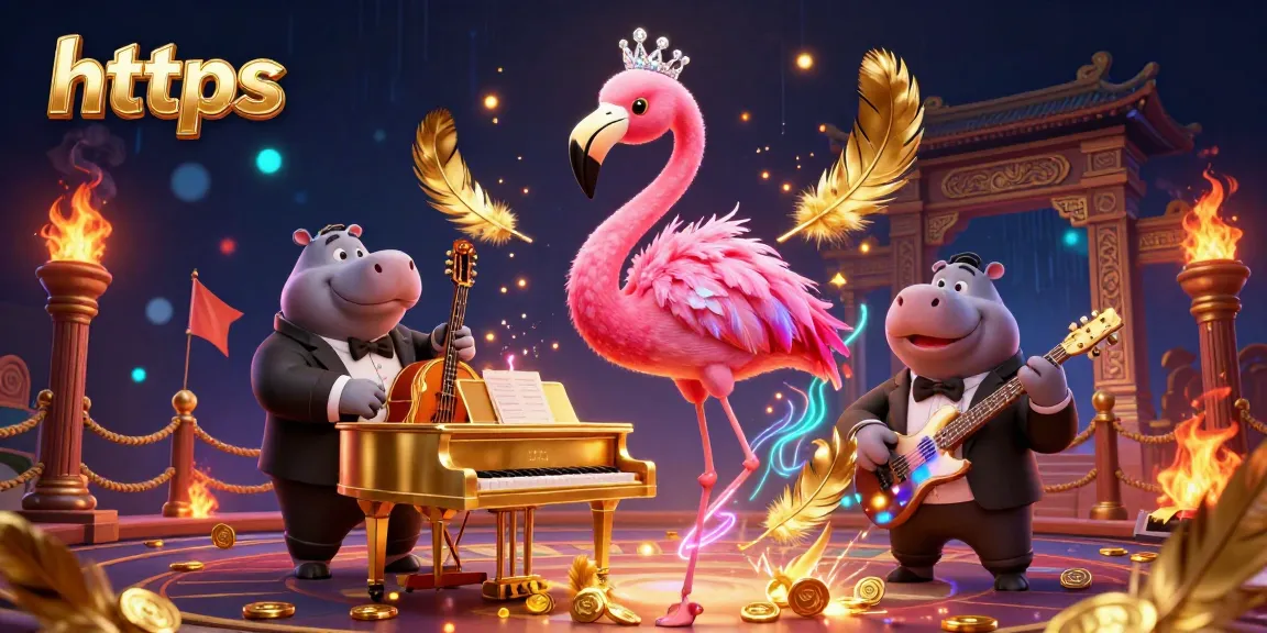 Experience https with vibrant scenes of a flamingo singer and hippo bassist in an exciting casino.