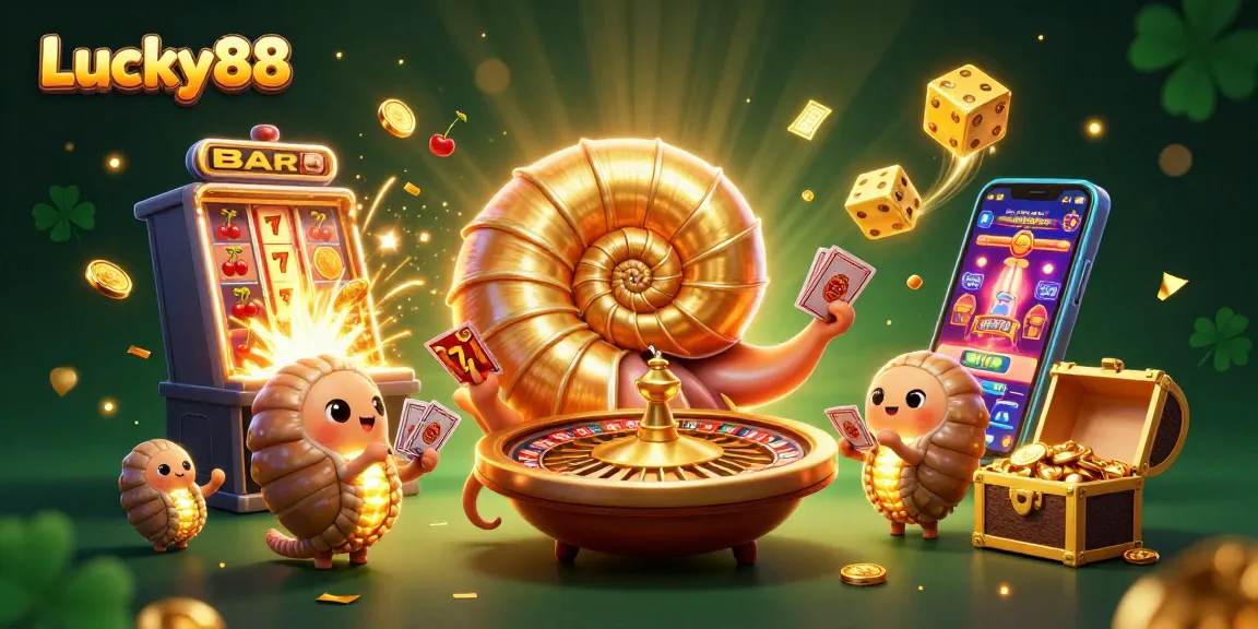 Experience winning at Lucky88 with a dazzling casino scene featuring a giant nautilus and slot machines.