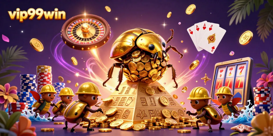 Experience thrilling wins at vip99win with golden coins cascading from a 3D cartoon beetle.