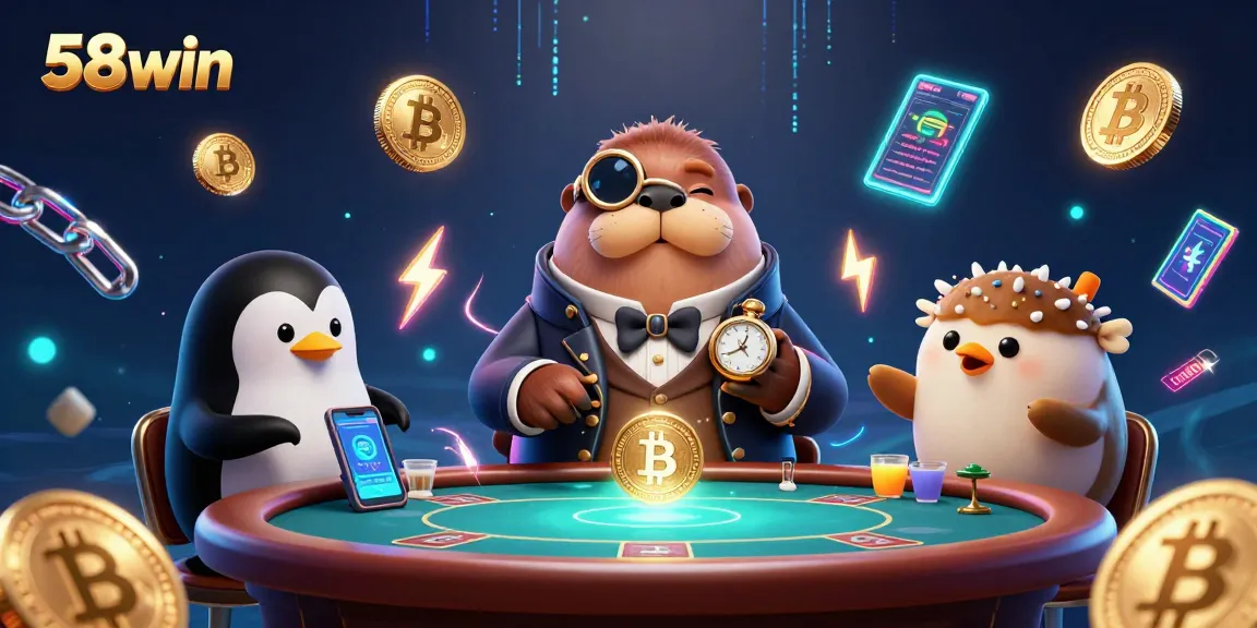 58win showcases a thrilling card game scene featuring a walrus and penguin dealer with dynamic crypto elements.