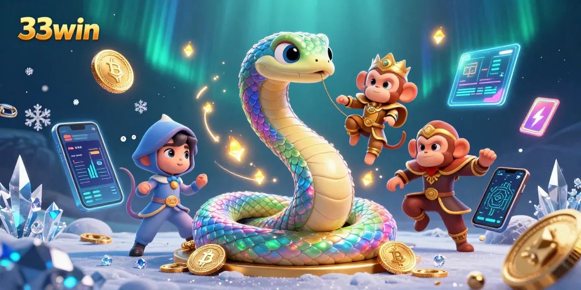 Engage with 33win's vibrant gaming world featuring a rainbow serpent and a monkey king in a magical casino setting.