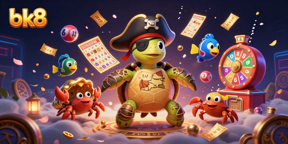 Celebrate wins at bk8 with an exciting 3D illustration of a pirate turtle and vibrant gaming elements.