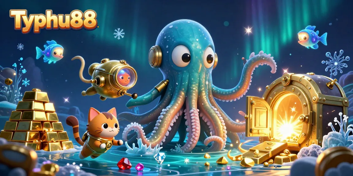 Typhu88 showcases immersive underwater gaming with a golden kraken, diving cat, and treasures.