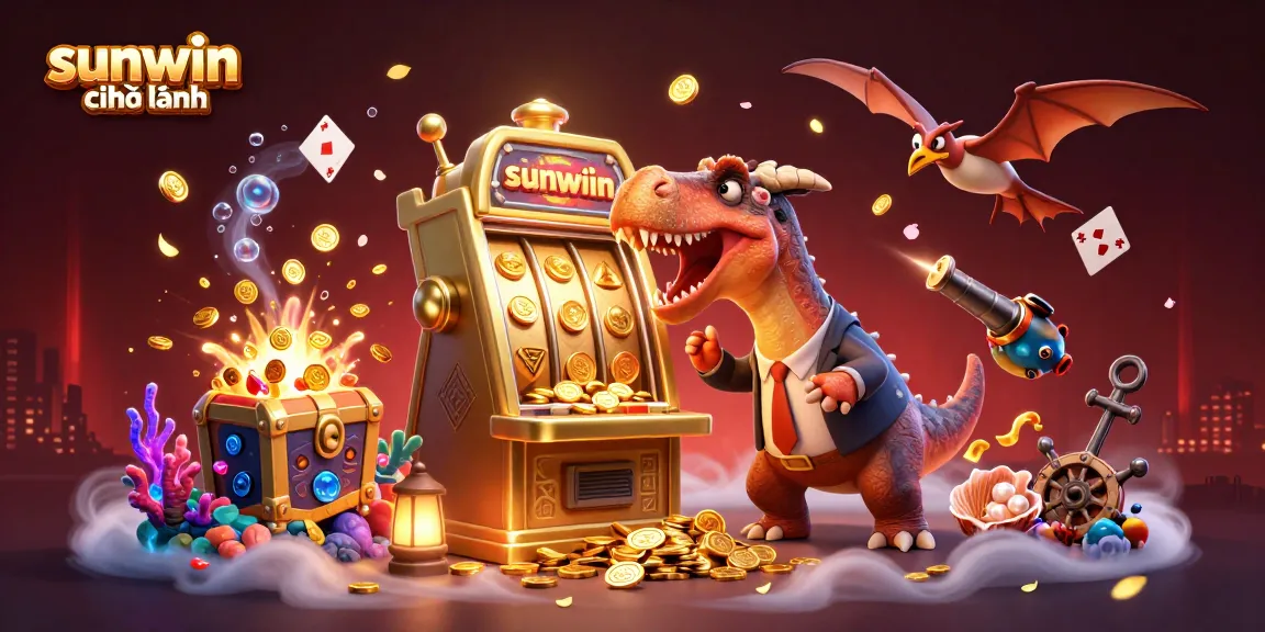 Catch flying coins with sunwin chính hãng as a pachycephalosaurus celebrates jackpot wins in a colorful casino scene.