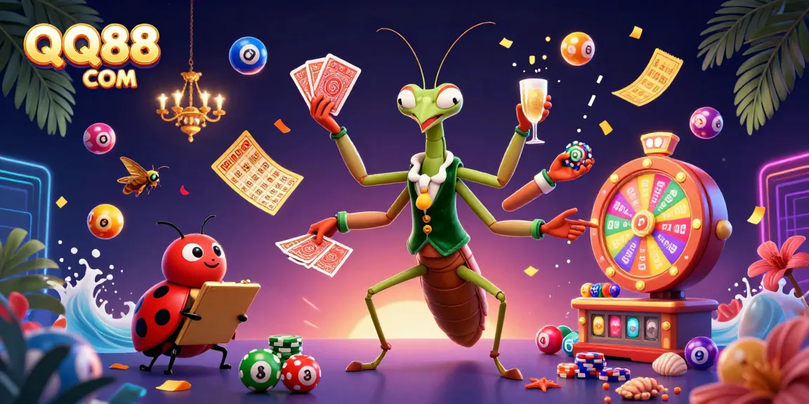 Explore an energetic scene featuring QQ88 COM with dynamic gaming elements, characters, and casino action.