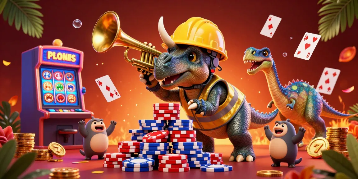 Celebrate winnings at j188 with a lively cartoon scene of dinosaurs and casino games!