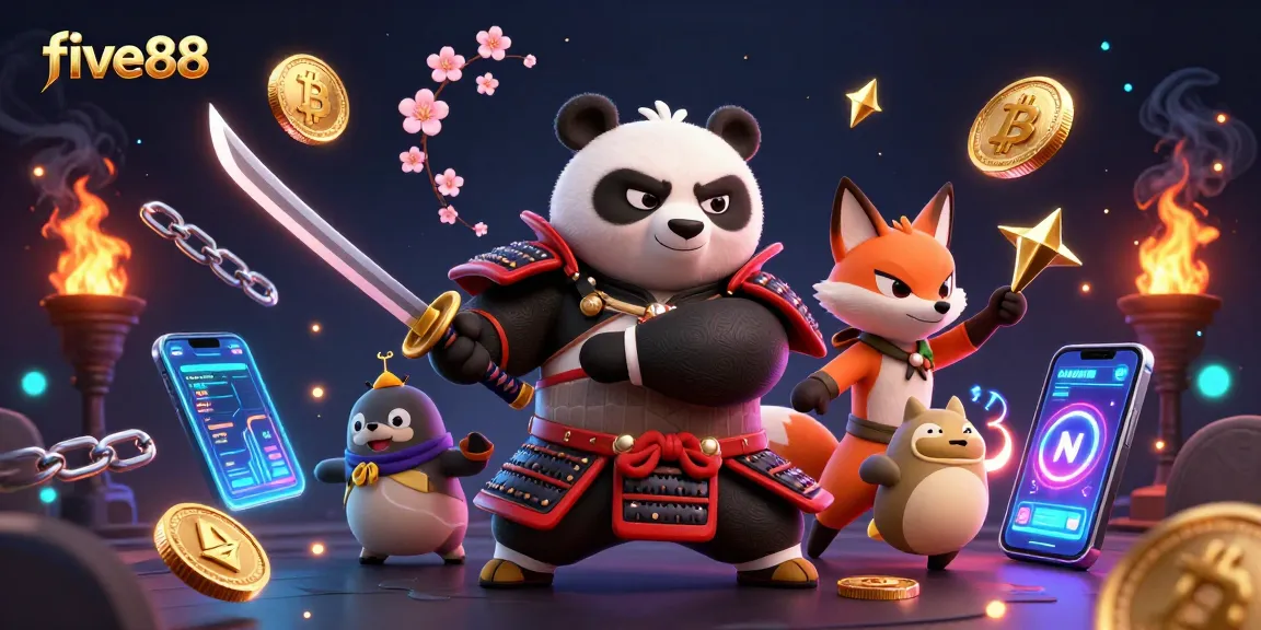 Capture the excitement of five88 with a vibrant scene featuring a samurai panda and ninja fox.