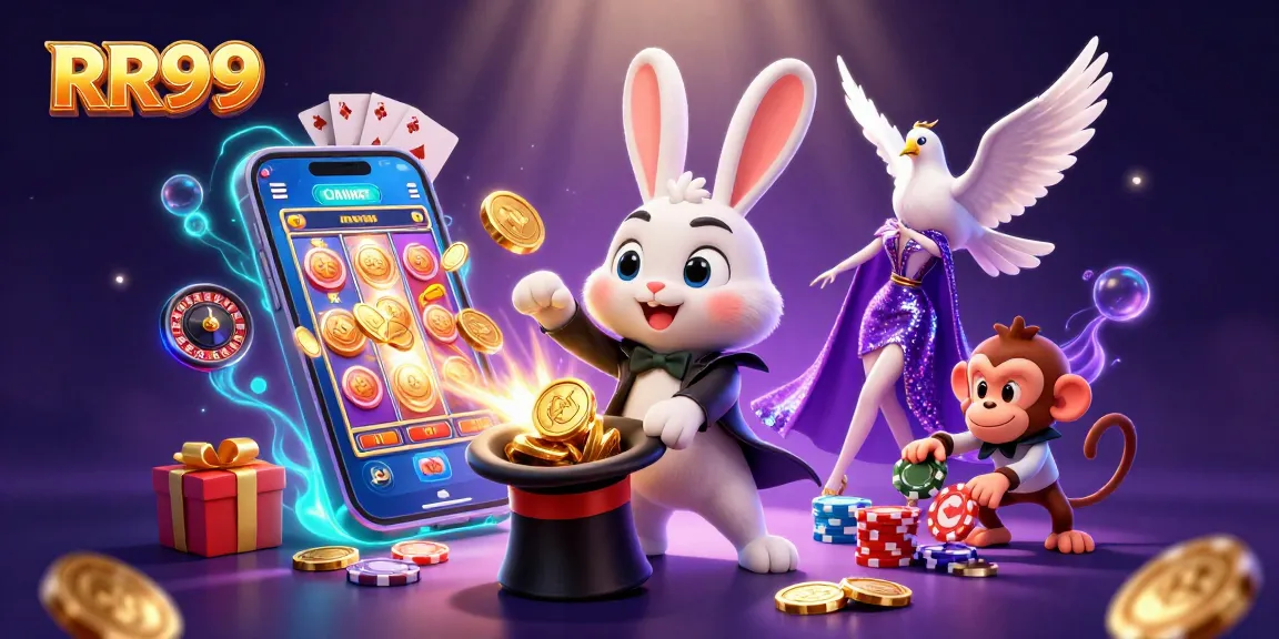 Engage in RR99's magical world while the rabbit pulls coins and poker chips in a vibrant casino scene.