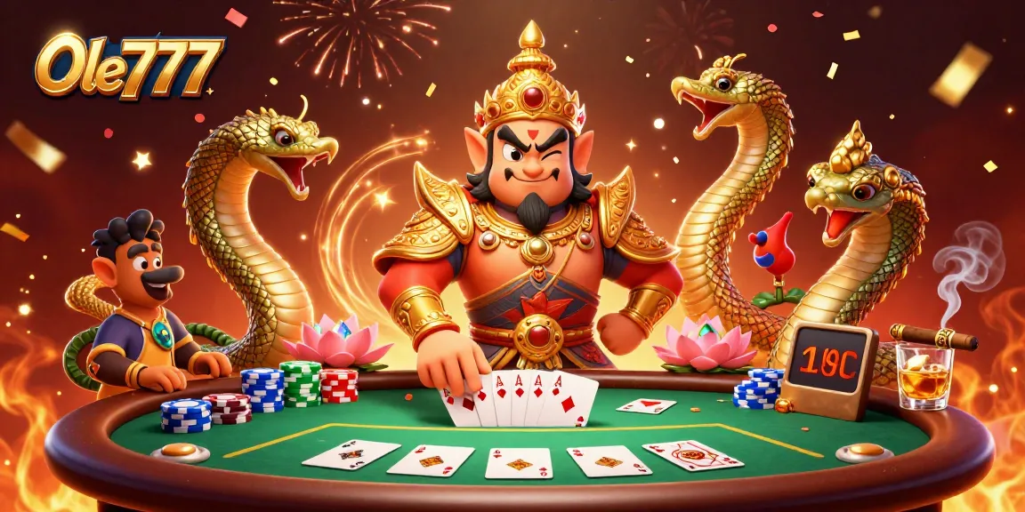 Play thrilling poker at Ole777, surrounded by vibrant characters celebrating victory.